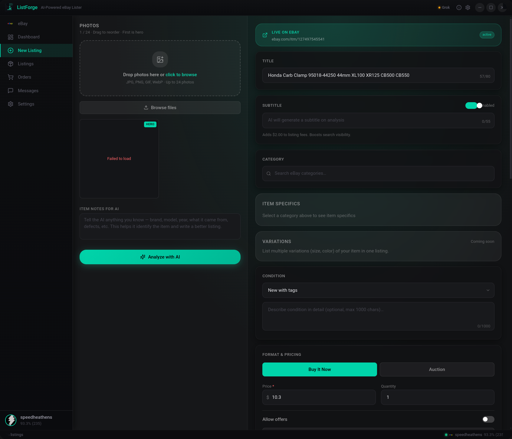 ListerAI listing builder showing AI-generated title, HTML description, and item specifics
