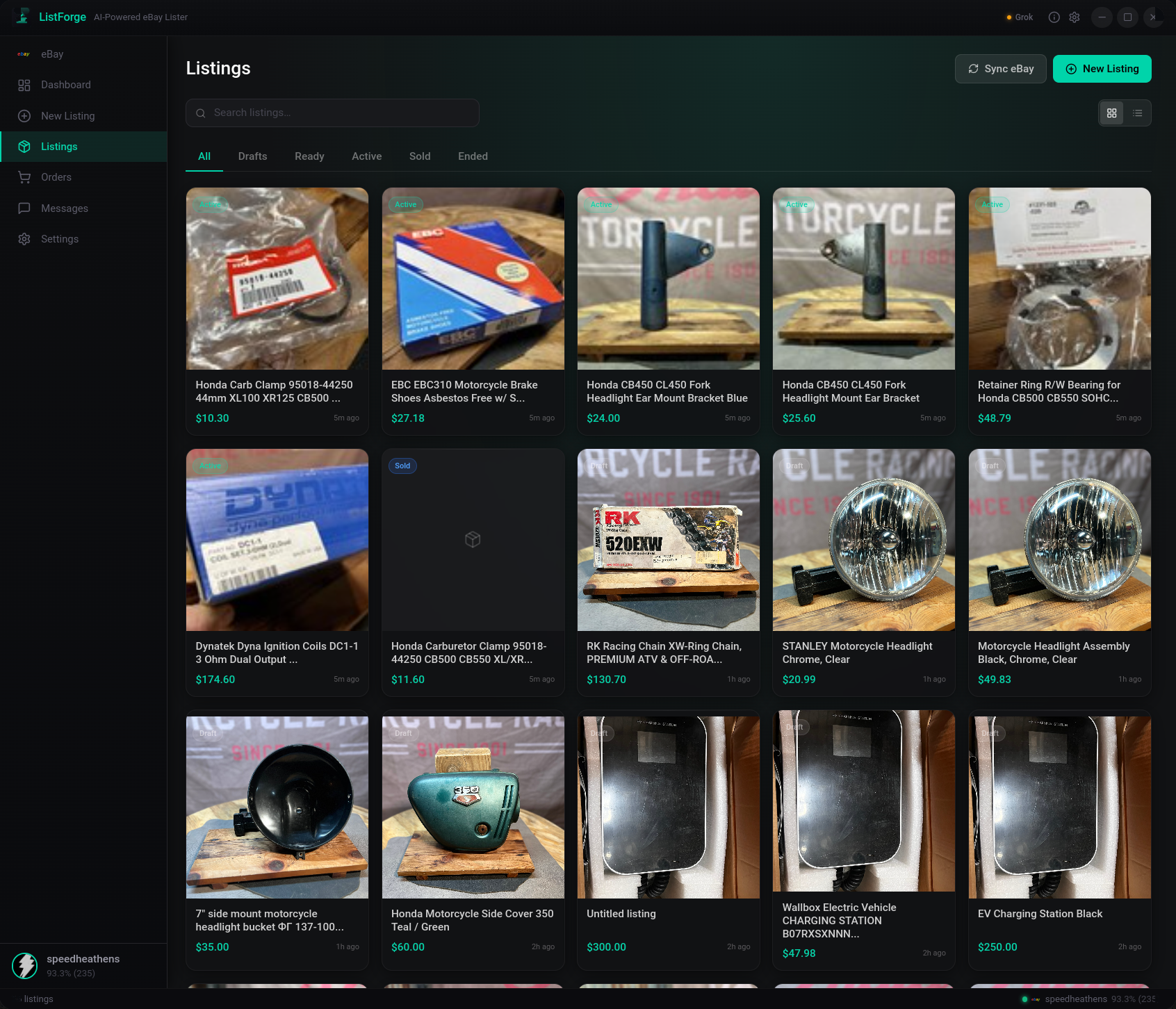 ListerAI listings grid showing all active and sold eBay listings with status badges and photos