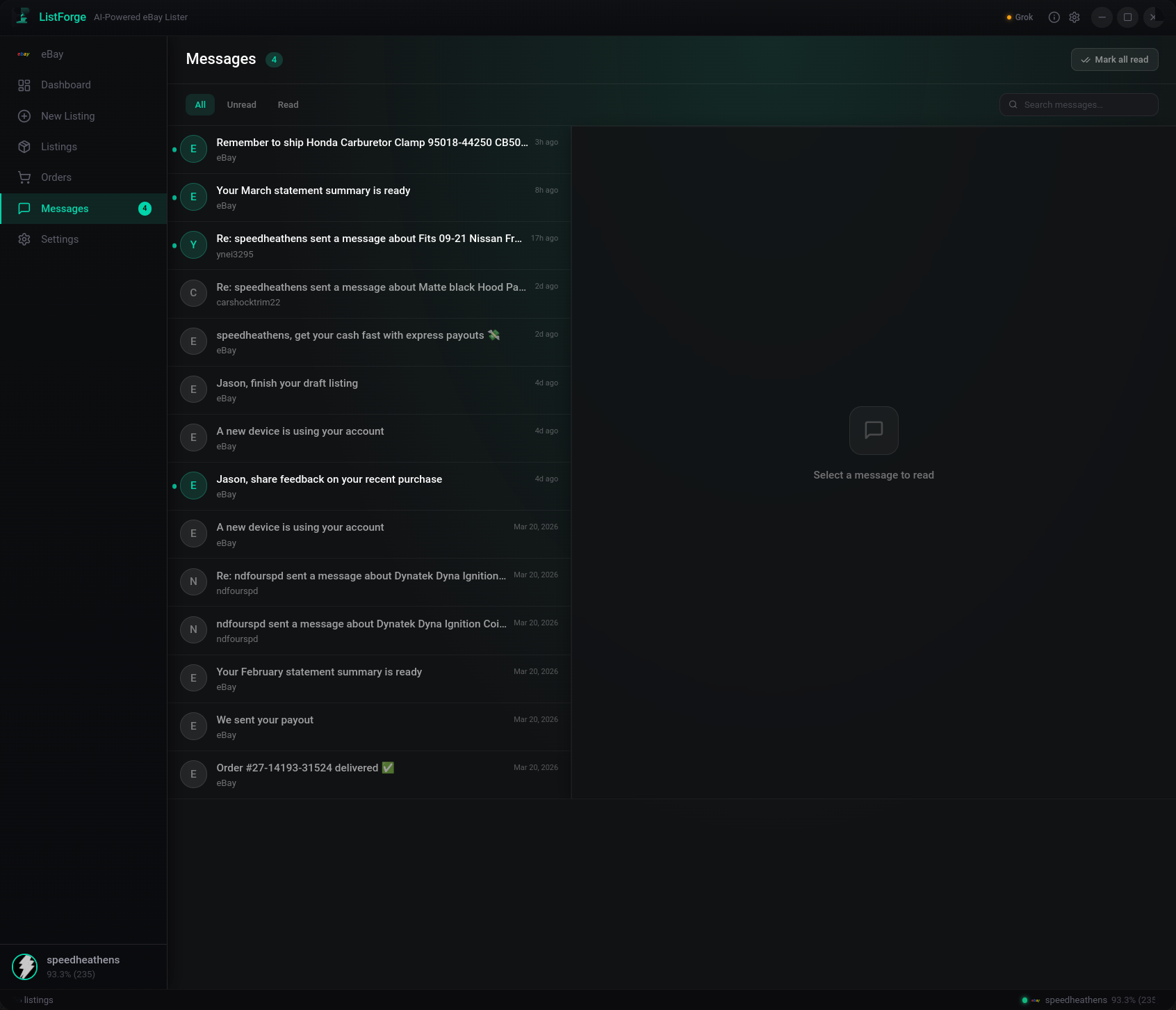 ListerAI two-pane message inbox showing buyer conversations