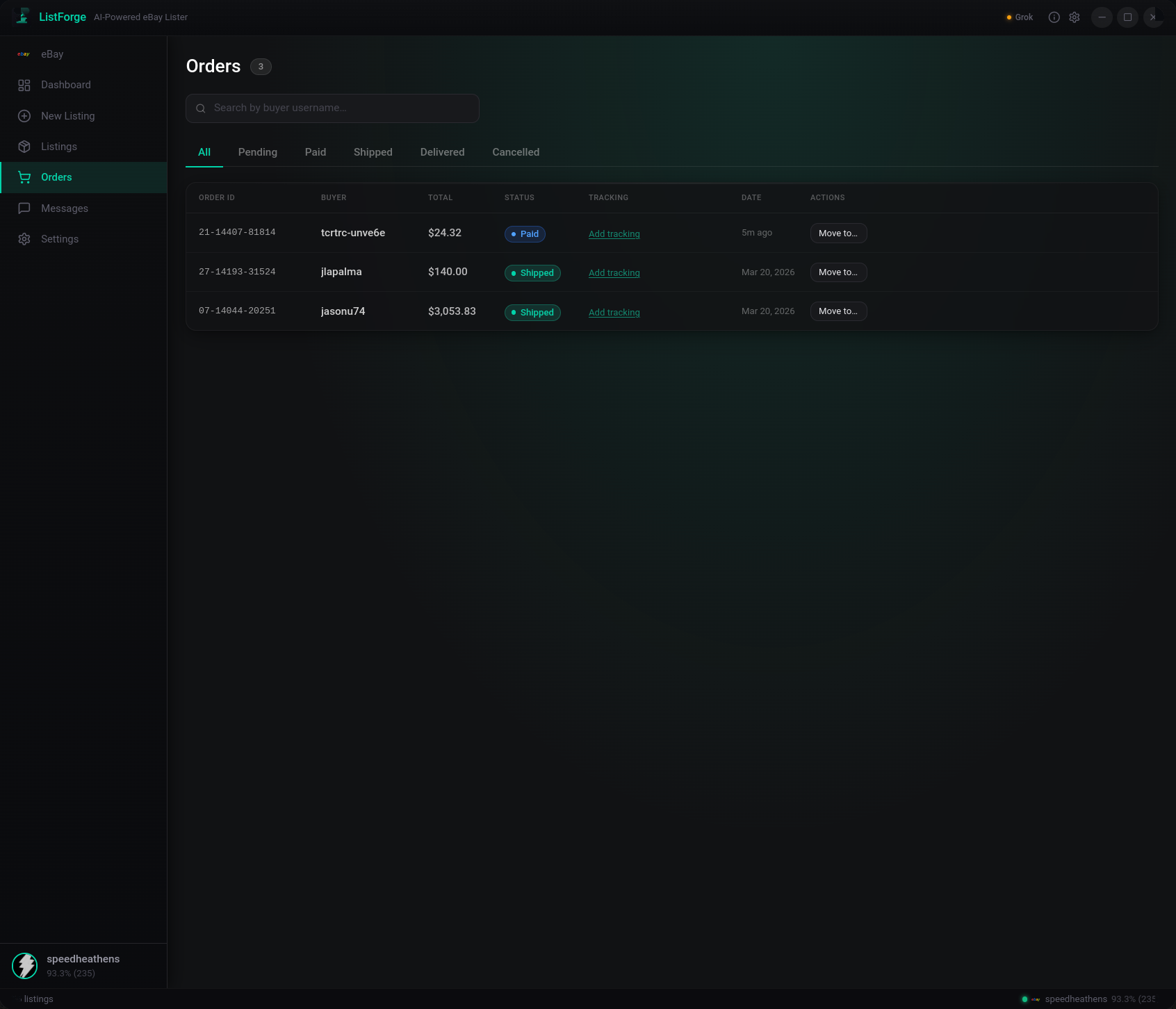 ListerAI orders table showing recent sales with buyer details and tracking fields